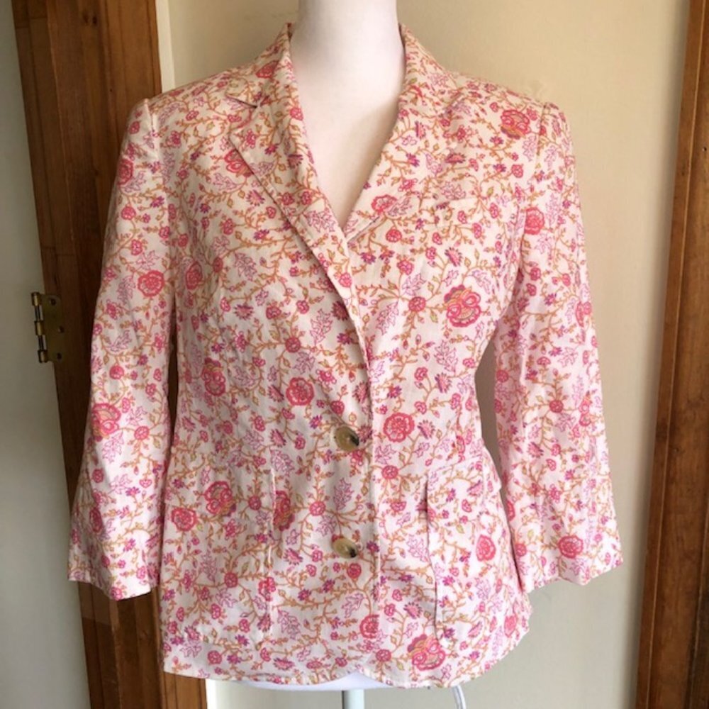 VICTORIA'S SECRET Linen Floral Print Lined 3/4 Sleeve Blazer 4